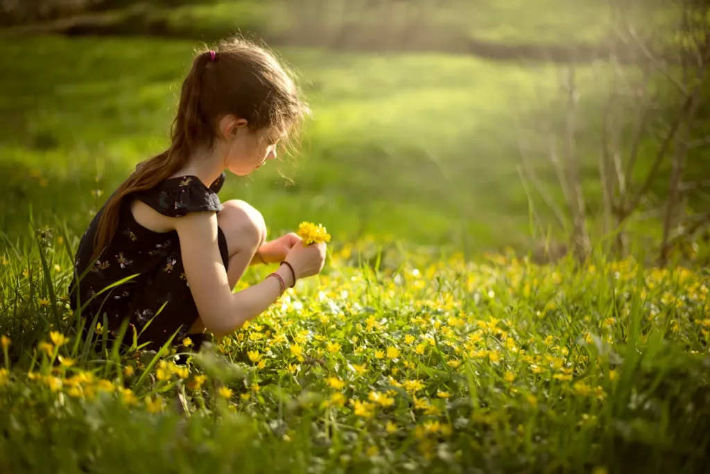 tarif photographe Le Mans petite fille qui cueille des fleurs jaunes dans un champ au mans